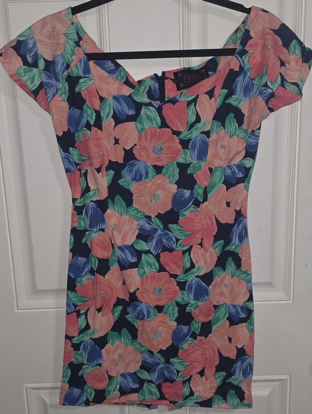 EXTRA Femme Collection Floral Off Shoulder Sheath Dress 100% Cotton Navy Peach 7